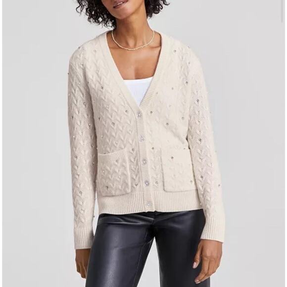 Charter Club Luxury Cashmere Embellished Cardigan, Woman Size M, Ivory White - Picture 1 of 12